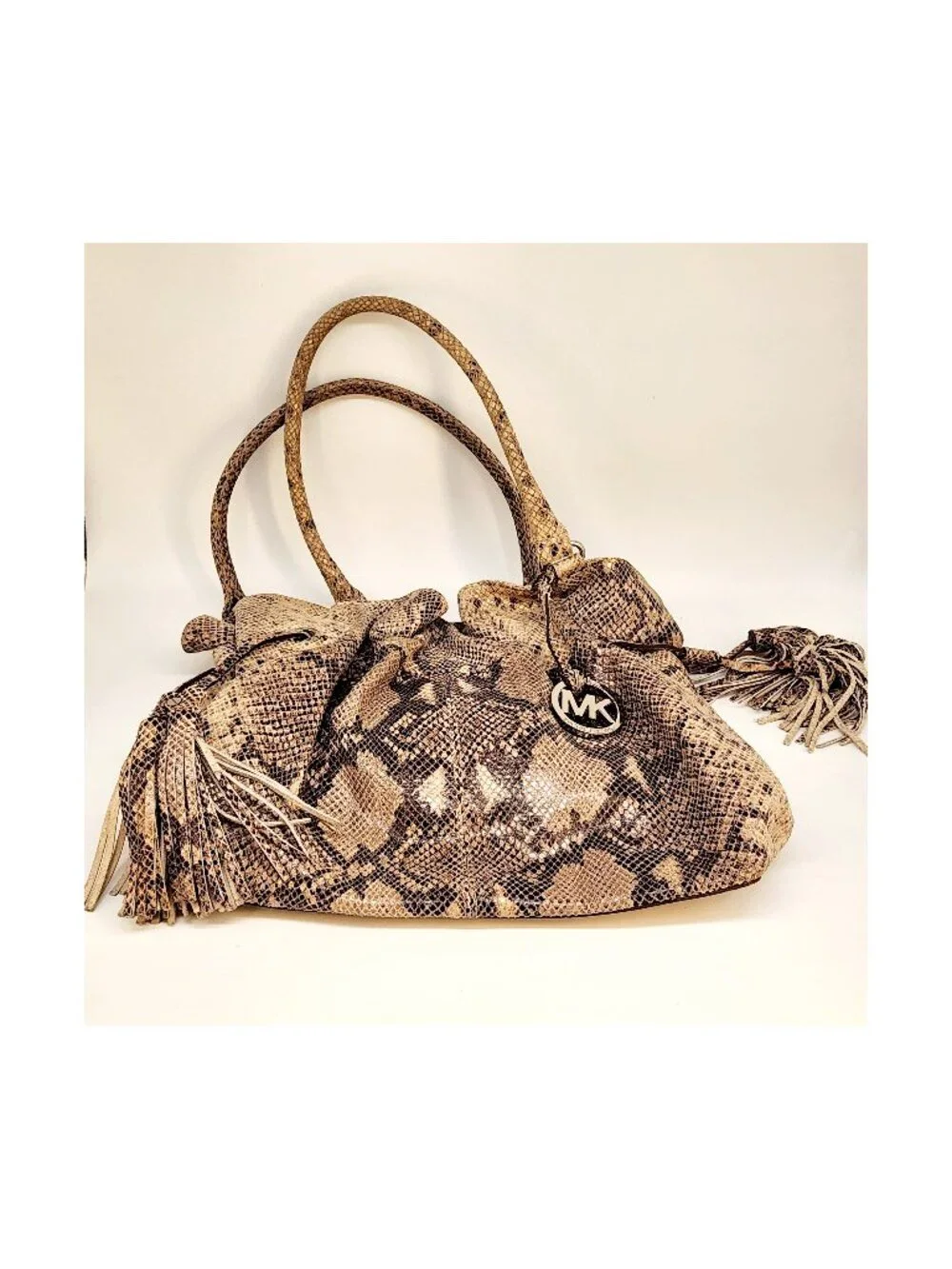 Share Michael Kors Shoulder Bag Womens Large Brown Snakeskin Braided Hobo Tassel